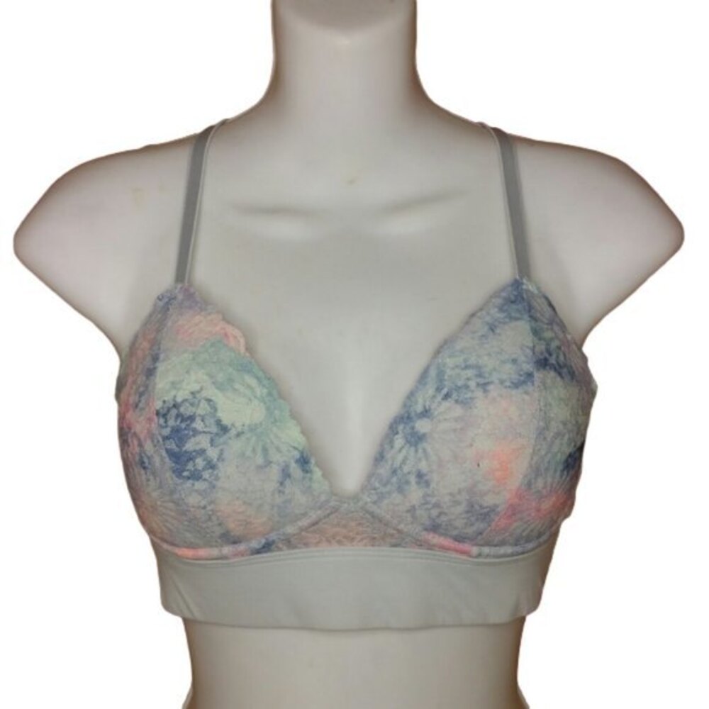 Victorias Secret PINK Bralette Watercolor Blue Floral Lace Womens Size Medium